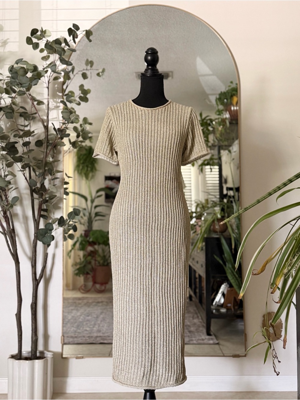 Donna Karan NY Metallic Open Knit Column Midi Dress Small Petite